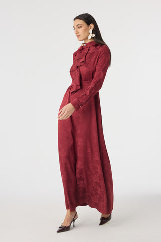 Fırfır Detaylı Kuşaklı Desenli Bordo Elbise 0563