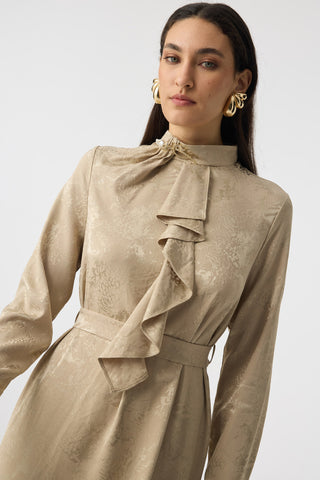 Fırfır Detaylı Kuşaklı Desenli Çağla Elbise 0563