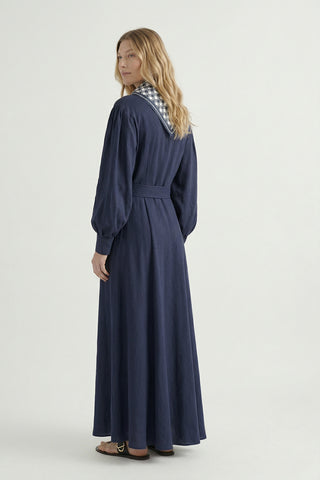 Kuşaklı Şal Detaylı Akışkan Lacivert Elbise 0579