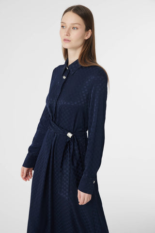 Gömlek Yaka Kuşaklı Desenli Lacivert Elbise 0596