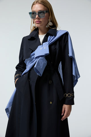 Kruvaze Yaka Kemerli Lacivert Trençkot 14043