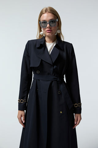 Kruvaze Yaka Kemerli Lacivert Trençkot 14043