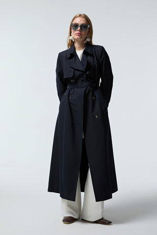 Kruvaze Yaka Kemerli Lacivert Trençkot 14043