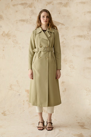 Kruvaze Yaka Kemerli Yeşil Trençkot 14049