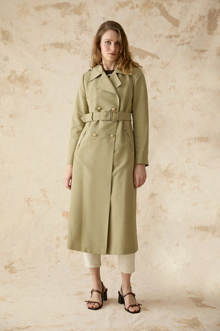 Kruvaze Yaka Kemerli Yeşil Trençkot 14049