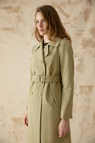 Kruvaze Yaka Kemerli Yeşil Trençkot 14049