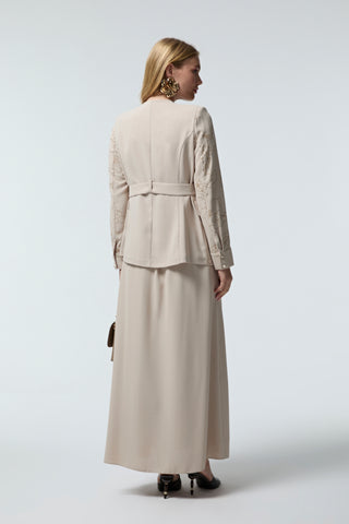 Kruvaze Yaka Kuşaklı Nakışlı Bej Takım 1538