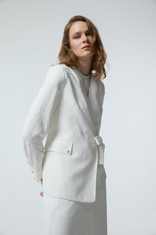 Kruvaze Yaka Kuşaklı Nakışlı Ekru Takım 1538