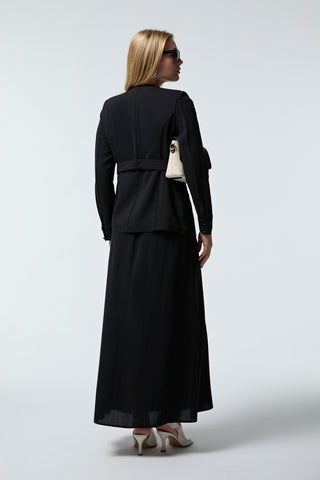 Kruvaze Yaka Kuşaklı Nakışlı Siyah Takım 1538