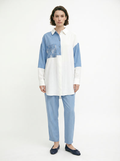 Renk Bloklu Cep Pullu Ekru Tunik 1561