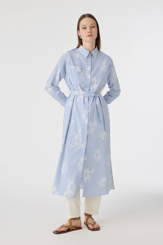 Çizgi Desenli Kemerli Gömlek Elbise Mavi Tunik 1616