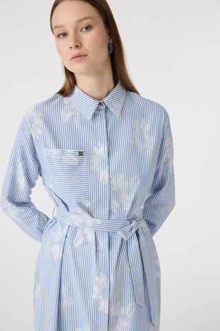 Çizgi Desenli Kemerli Gömlek Elbise Mavi Tunik 1616