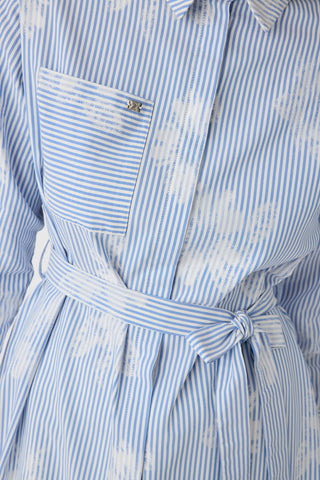 Çizgi Desenli Kemerli Gömlek Elbise Mavi Tunik 1616