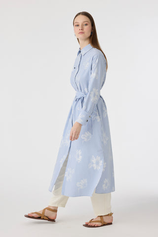 Çizgi Desenli Kemerli Gömlek Elbise Mavi Tunik 1616