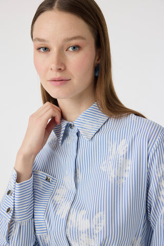 Çizgi Desenli Kemerli Gömlek Elbise Mavi Tunik 1616