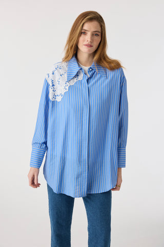 Çizgili Dantel Detaylı Klasik Yaka Mavi Tunik 1625