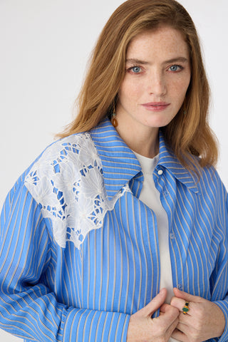 Çizgili Dantel Detaylı Klasik Yaka Mavi Tunik 1625