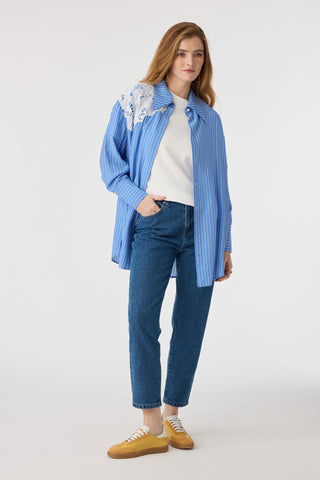 Çizgili Dantel Detaylı Klasik Yaka Mavi Tunik 1625