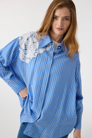 Çizgili Dantel Detaylı Klasik Yaka Mavi Tunik 1625