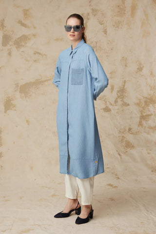 Minimal Cepli Uzun Kesim Klasik Yaka Mavi Tunik 1626