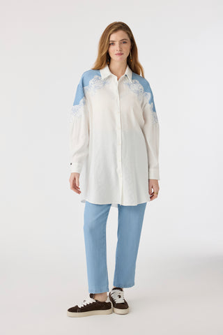 Nakış İşlemeli Kontrast Detaylı Klasik Yaka Ekru Tunik 1630