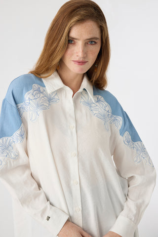 Nakış İşlemeli Kontrast Detaylı Klasik Yaka Ekru Tunik 1630