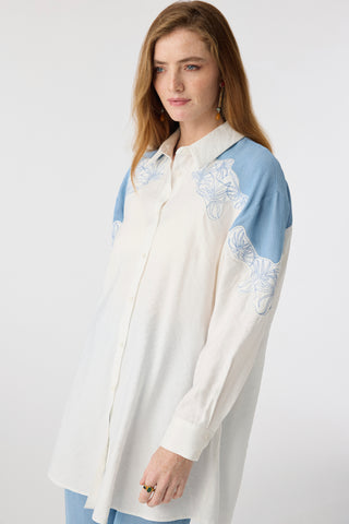 Nakış İşlemeli Kontrast Detaylı Klasik Yaka Ekru Tunik 1630