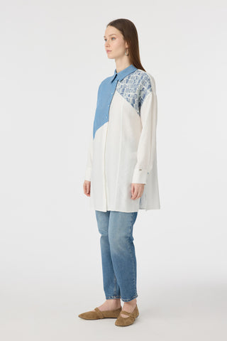 Asimetrik Parçalı Desen Detaylı Ekru Tunik 1634