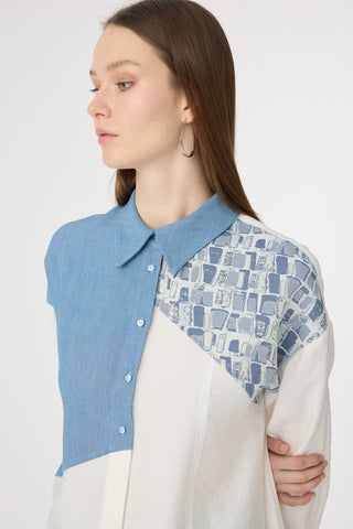 Asimetrik Parçalı Desen Detaylı Ekru Tunik 1634