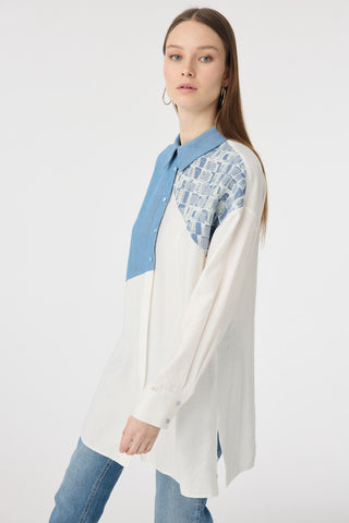 Asimetrik Parçalı Desen Detaylı Ekru Tunik 1634