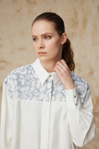 Dantel Garnili Klasik Yaka Detaylı Ekru Tunik 1637