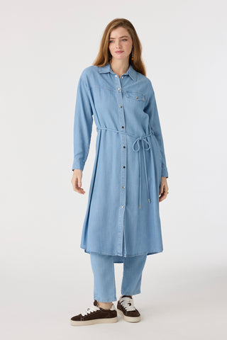 Kuşaklı Cep Detaylı Uzun Form Mavi Tunik 1639