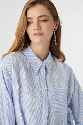 Çizgili Jakarlı Cepli Uzun Form Mavi Tunik 1643