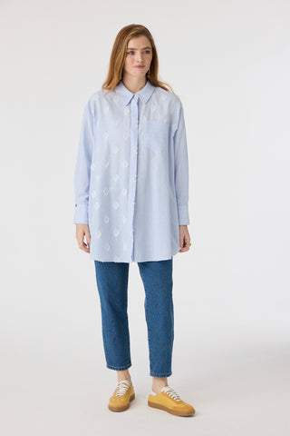 Çizgili Jakarlı Cepli Uzun Form Mavi Tunik 1643