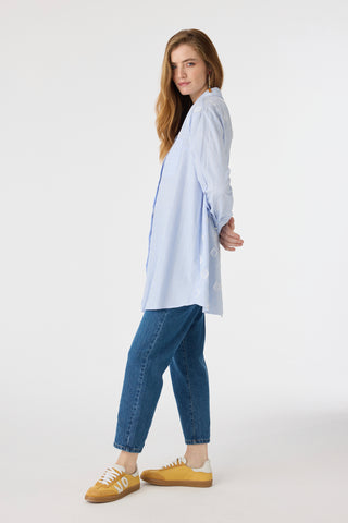 Çizgili Jakarlı Cepli Uzun Form Mavi Tunik 1643