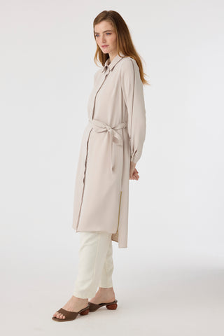 Biyeli Yaka Kuşaklı Akışkan Form Bej Tunik 1646