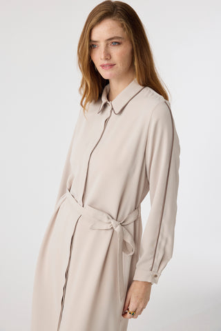Biyeli Yaka Kuşaklı Akışkan Form Bej Tunik 1646