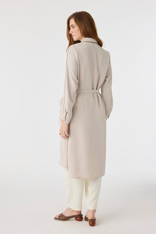 Biyeli Yaka Kuşaklı Akışkan Form Bej Tunik 1646