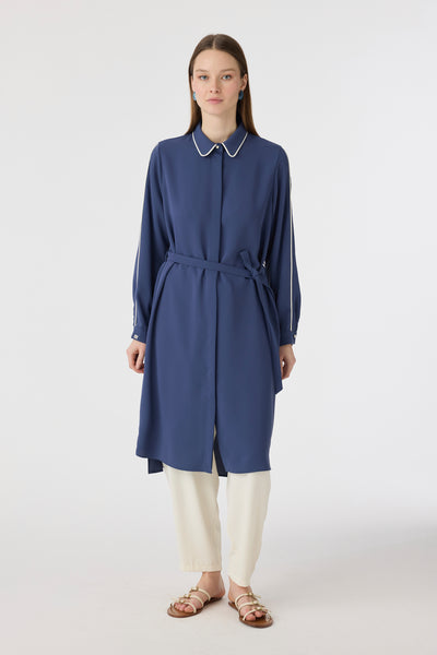 Biyeli Yaka Kuşaklı Akışkan Form Indigo Tunik 1646
