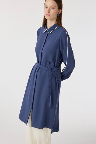 Biyeli Yaka Kuşaklı Akışkan Form Indigo Tunik 1646