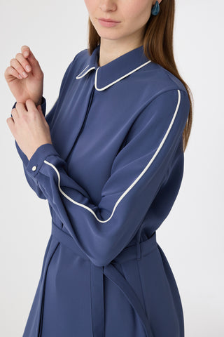 Biyeli Yaka Kuşaklı Akışkan Form Indigo Tunik 1646