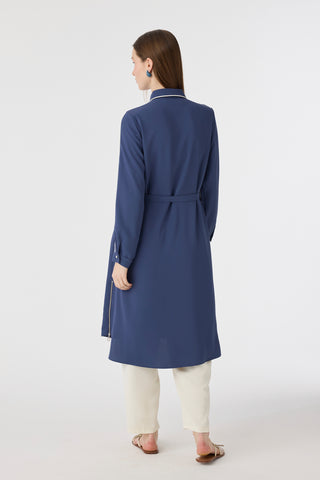 Biyeli Yaka Kuşaklı Akışkan Form Indigo Tunik 1646