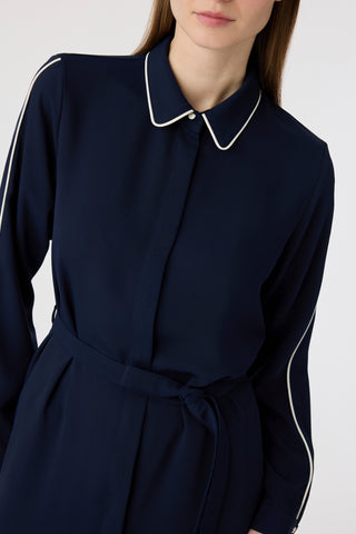 Biyeli Yaka Kuşaklı Akışkan Form Lacivert Tunik 1646