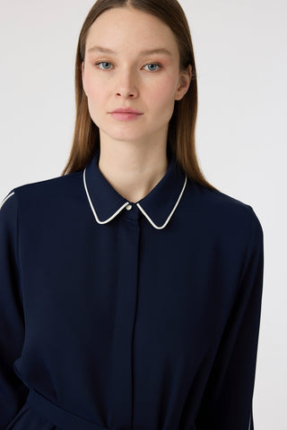 Biyeli Yaka Kuşaklı Akışkan Form Lacivert Tunik 1646