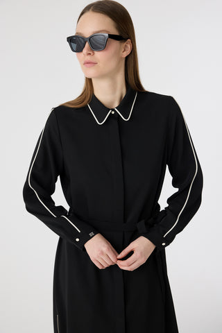 Biyeli Yaka Kuşaklı Akışkan Form Siyah Tunik 1646