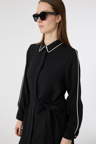 Biyeli Yaka Kuşaklı Akışkan Form Siyah Tunik 1646