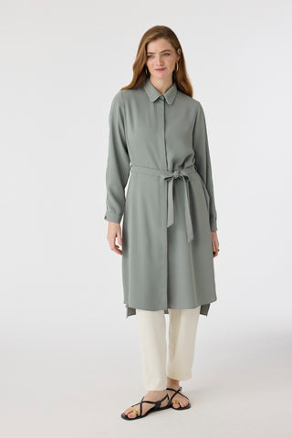 Biyeli Yaka Kuşaklı Akışkan Form Ada Çayı Tunik 1646