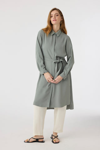 Biyeli Yaka Kuşaklı Akışkan Form Ada Çayı Tunik 1646