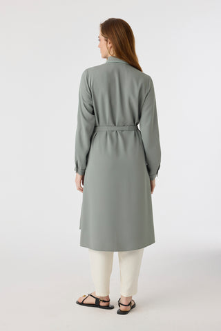 Biyeli Yaka Kuşaklı Akışkan Form Ada Çayı Tunik 1646