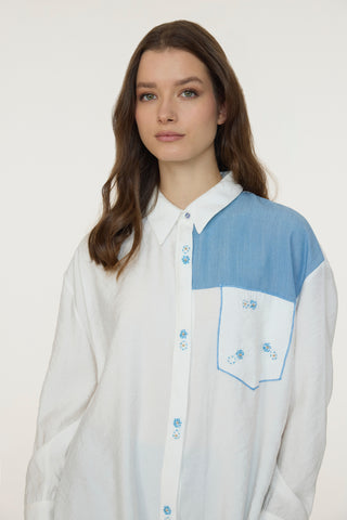 Nakışlı Kontrast Detaylı Cep Vurgulu Ekru Tunik 1660